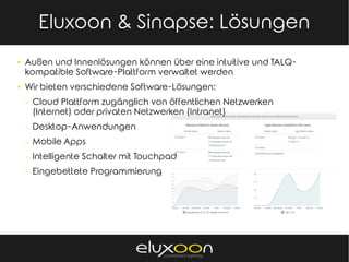 Sinapse Energía & TALQEluxoon & Sinapse: Lösungen
► Außen und Innenlösungen können über eine intuitive und TALQ-
kompatible Software-Plattform verwaltet werden
► Wir bieten verschiedene Software-Lösungen:
⇒ Cloud Plattform zugänglich von öffentlichen Netzwerken
(Internet) oder privaten Netzwerken (Intranet)
⇒ Desktop-Anwendungen
⇒ Mobile Apps
⇒ Intelligente Schalter mit Touchpad
⇒ Eingebettete Programmierung
 