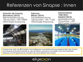 Sinapse Energía & TALQReferenzen von Sinapse : Innen
Schwimmbad
1986 WAC
Madrid (2015)
Sportbeleuchtung
70 Leuchten - HPS
60% Energie-Einsparung
Estación de Francia,
Barcelona (2014)
Bahnhofsbeleuchtung
104 Leuchten - HPS 1000W
50% Energie-Einsparung
Petronor,
Bilbao (2014)
Industriebeleuchtung
120 Leuchten - MH -> LED
70% Energie-Einsparung
Sinapse hat mehr als 20 Projekte mit intelligenter Innenbeleuchtung abgewickelt. Das System
von Sinapse & Eluxoon erlaubt es, die Leuchten optimal zu verwalten und verschiedene
Sektoren und Programme zu schaffen (je nach Bedarf der Nutzer).
 