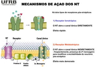 MECANISMOS DE AÇAO DOS NT

             Há dois tipos de receptores pós-sinápticos



             1) Receptor Ionotrópico

             O NT abre o canal iônico DIRETAMENTE

             Efeito rápido




             2) Receptor Metabotrópico

             O NT abre o canal iônico INDIRETAMENTE
             - freqüentemente, presença de 2º mensageiro
             para modificar a excitabilidade do neurônio
             pós-sináptico

             Efeito mais demorado
 