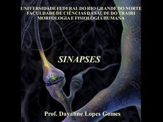 Funções básicas das sinapses e das substâncias
transmissoras
Prof. Dayanne Lopes Gomes
UNIVERSIDADEFEDERALDO RIO GRANDEDO NORTE
FACULDADEDE CIÊNCIASDASAÚDEDO TRAIRI
MORFOLOGIAE FISIOLOGIAHUMANA
SINAPSES
 