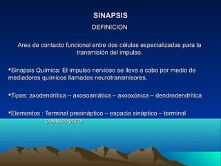 SINAPSIS
                              DEFINICION

   Area de contacto funcional entre dos células especializadas para la
...
