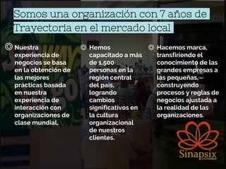 ◎Nuestra
experiencia de
negocios se basa
en la obtención de
las mejores
prácticas basada
en nuestra
experiencia de
interacción con
organizaciones de
clase mundial,
◎ Hemos
capacitado a más
de 1.500
personas en la
región central
del país,
logrando
cambios
significativos en
la cultura
organizacional
de nuestros
clientes.
◎ Hacemos marca,
transfiriendo el
conocimiento de las
grandes empresas a
las pequeñas,
construyendo
procesos y reglas de
negocios ajustada a
la realidad de las
organizaciones.
Somos una organización con 7 años de
Trayectoria en el mercado local
 