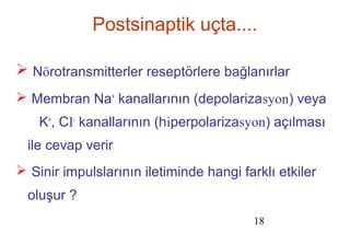 18
Postsinaptik uçta....
 Nörotransmitterler reseptörlere bağlanırlar
 Membran Na+
kanallarının (depolarizasyon) veya
K+
, CI-
kanallarının (hiperpolarizasyon) açılması
ile cevap verir
 Sinir impulslarının iletiminde hangi farklı etkiler
oluşur ?
 