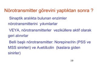 19
Nörotransmitter görevini yaptıktan sonra ?
Sinaptik aralıkta bulunan enzimler
nörotransmitterini yıkımlarlar
VEYA, nörotransmitterler veziküllere aktif olarak
geri alınırlar
Belli başlı nörotransmitter: Norepinefrin (PSS ve
MSS sinirleri) ve Asetilkolin (kaslara giden
sinirler)
 