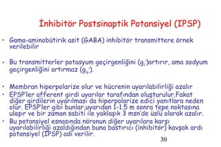30
İnhibitör Postsinaptik Potansiyel (IPSP)
• Gama-aminobütirik asit (GABA) inhibitör transmittere örnek
verilebilir
• Bu transmitterler potasyum geçirgenliğini (gK
+
)artırır, ama sodyum
geçirgenliğini artırmaz (gNa
+
).
• Membran hiperpolarize olur ve hücrenin uyarılabilirliği azalır
• EPSP’ler afferent girdi uyarılar tarafından oluşturulur.Fakat
diğer girdilerin uyarılması da hiperpolarize edici yanıtlara neden
olur. EPSP’ler gibi bunlar,uyarıdan 1-1.5 m sonra tepe noktasına
ulaşır ve bir zaman sabiti ile yaklaşık 3 msn’de üslü olarak azalır.
• Bu potansiyel esnasında nöronun diğer uyarılara karşı
uyarılabilirliği azaldığından buna bastırıcı (inhibitör) kavşak ardı
potansiyel (IPSP) adı verilir.
 