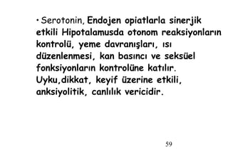59
• Serotonin, Endojen opiatlarla sinerjik
etkili Hipotalamusda otonom reaksiyonların
kontrolü, yeme davranışları, ısı
düzenlenmesi, kan basıncı ve seksüel
fonksiyonların kontrolüne katılır.
Uyku,dikkat, keyif üzerine etkili,
anksiyolitik, canlılık vericidir.
 