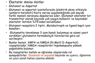 62
• Eksitatör Amino Asitler
• Glutamat ve Aspartat
• Glutamat ve aspartat iyontoforezle (elektrik akımı etkisiyle
iyonların hareketi) hücre zarına uygulandığında çok sayıda
farklı memeli nöronunu depolarize eder. Glutamat eksitatör bir
transmitter olarak beyinde çok yaygın kullanılır ve beyindeki
eksitatör iletimin %75’inden sorumludur.
• Glutamat reseptörü 2 tiptir. Metabotropik ve ligand kapılı iyon
kanalları.
• Glutamatta tanımlanan 3 iyon kanalı bulunmuş ve azami yanıt
verdikleri glutamatın farmakolojik türevlerine göre ad
verilmiştir.
• Bunlar kainat, AMPA ve NMDA (N-Metil D-Aspartat)
reseptörüdür. NMDA reseptörleri hipokampusta yüksek
yoğunlukta bulunur.
• Bu reseptörler bellek ve öğrenme olaylarında rol
oynayabilirler. Glutamat ve aspartat beyinde ve uyarıcı, öğrenme
ve uzun süreli hafıza üzerine etkilidir.
 
