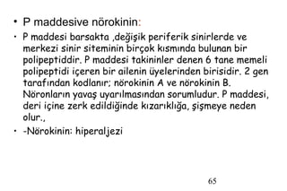 65
• P maddesive nörokinin:
• P maddesi barsakta ,değişik periferik sinirlerde ve
merkezi sinir siteminin birçok kısmında bulunan bir
polipeptiddir. P maddesi takininler denen 6 tane memeli
polipeptidi içeren bir ailenin üyelerinden birisidir. 2 gen
tarafından kodlanır; nörokinin A ve nörokinin B.
Nöronların yavaş uyarılmasından sorumludur. P maddesi,
deri içine zerk edildiğinde kızarıklığa, şişmeye neden
olur.,
• -Nörokinin: hiperaljezi
 
