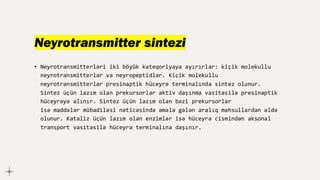 Neyrotransmitter sintezi
• Neyrotransmitterləri iki böyük kateqoriyaya ayırırlar: kiçik molekullu
neyrotransmitterlər və neyropeptidlər. Kiçik molekullu
neyrotransmitterlər presinaptik hüceyrə terminalında sintez olunur.
Sintez üçün lazım olan prekursorlar aktiv daşınma vasitəsilə presinaptik
hüceyrəyə alınır. Sintez üçün lazım olan bəzi prekursorlar
isə maddələr mübadiləsi nəticəsində əmələ gələn aralıq məhsullardan əldə
olunur. Kataliz üçün lazım olan enzimlər isə hüceyrə cismindən aksonal
transport vasitəsilə hüceyrə terminalına daşınır.
 