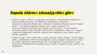 İmpuls ötürmə xüsusiyyətinə görə
• Elektik sinapsı- Elektrik sinapslarda presinaptik və postsinaptik membranlar
arasında davamlılıq olur. Bu davamlılıq hüceyrəarası yarıqların,
neksusların sayəsində mümkün olur. Neksusları konnekson adlanan zülallar meydana
gətirir. Yarıqlarda müqavimət olduqca azdır. Bunun sayəsində ion
axını presinaptik hüceyrədən postsinaptik hüceyrəyə keçir və postsinaptik
hüceyrəni oyadaraq onda fəaliyyət potensialının yaranmasına səbəb olur. Kimyəvi
sinapslarla müqayisədə elektrik sinapslarında impulsların nəql edilmə sürəti
olduqca yüksəkdir.
• Kimyəvi sinaps- Sinir sistemində ən geniş yayılmış sinaps növüdür. Burada kimyəvi
maddə, neyromediator 20-30 nm qalınlığındakı sinaps yarığını diffuziya ilə keçir.
Bu sinaps impulsların ötürülməsində 0.3-5 msan gecikmə ilə xarakterizə olunur.
İmpulsların ötürülməsindəki gecikmə ardıcıl kimyəvi proseslərin vaxt aparması ilə
əlaqədardır.
 