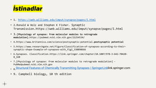 İstinadlar
• 1. https://web.williams.edu/imput/synapse/pages/I.html
• 2.Ronald W Holz and Stephen K Fisher. Synaptic
Transmission.https://web.williams.edu/imput/synapse/pages/I.html
• 3.[Physiology of synapse: from molecular modules to retrograde
modulation].https://pubmed.ncbi.nlm.nih.gov/21254534/
• 4.https://www.britannica.com/science/postsynaptic-potential.postsynaptic potential
• 5.https://www.researchgate.net/figure/Classification-of-synapses-according-to-their-
synaptic-shape-Example-of-synapses-with_fig2_338898666
• 6.Synapses. Classification.https://link.springer.com/chapter/10.1007/978-3-642-70420-
8_168
• 7.[Physiology of synapse: from molecular modules to retrograde modulation] -
PubMedpubmed.ncbi.nlm.nih.gov
• 8.
• 9. Campbell biology, 10 th edition
Structural Features of Chemically Transmitting Synapses | SpringerLinklink.springer.com
 