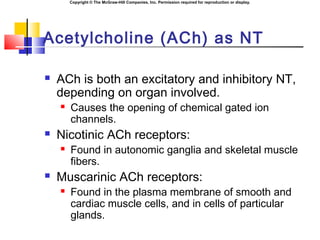 Copyright © The McGraw-Hill Companies, Inc. Permission required for reproduction or display.
Acetylcholine (ACh) as NT
 ACh is both an excitatory and inhibitory NT,
depending on organ involved.
 Causes the opening of chemical gated ion
channels.
 Nicotinic ACh receptors:
 Found in autonomic ganglia and skeletal muscle
fibers.
 Muscarinic ACh receptors:
 Found in the plasma membrane of smooth and
cardiac muscle cells, and in cells of particular
glands.
 