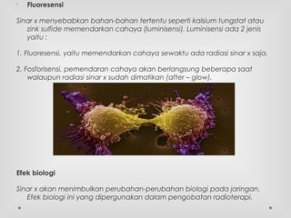 •
Fluoresensi
Sinar x menyebabkan bahan-bahan tertentu seperti kalsium tungstat atau
zink sulfide memendarkan cahaya (luminisensi). Luminisensi ada 2 jenis
yaitu :
1. Fluoresensi, yaitu memendarkan cahaya sewaktu ada radiasi sinar x saja.
2. Fosforisensi, pemendaran cahaya akan berlangsung beberapa saat
walaupun radiasi sinar x sudah dimatikan (after – glow).
Efek biologi
Sinar x akan menimbulkan perubahan-perubahan biologi pada jaringan.
Efek biologi ini yang dipergunakan dalam pengobatan radioterapi.
 
