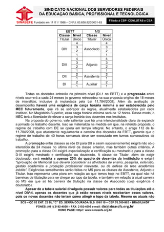 SINDICATO NACIONAL DOS SERVIDORES FEDERAIS
               DA EDUCAÇÃO BÁSICA, PROFISSIONAL E TECNOLÓGICA
                                                              Filiado à CSP- CONLUTAS e CEA
SINASEFE Fundado em 11 /11/ 1988 – CNPJ: 03.658.820/0001-63

                                  EBTT             MS
                             Classe Nível   Classe    Nível
                             Titular Único   Titular  Único
                                       4                4
                                       3                3
                              DIV          Associado
                                       2                2
                                       1                1
                                       4                4
                                       3                3
                              DIII          Adjunto
                                       2                2
                                       1                1
                                       2                2
                               DII         Assistente
                                       1                1
                                       2                2
                               DI           Auxiliar
                                       1                1

        Todos os docentes entrarão no primeiro nível (DI-1 no EBTT) e a progressão entre
níveis ocorrerá a cada 24 meses (o governo retrocedeu na sua proposta original de 18 meses
de interstício, inclusive já implantada pela Lei 11.784/2008). Além da avaliação de
desempenho haverá uma exigência de carga horária mínima a ser estabelecida pelo
MEC futuramente, que irá se sobrepor às regras, atualmente estabelecidas por cada
Instituto. No Magistério Superior, essa carga horária mínima será de 12 horas. Desse modo, o
MEC terá a liberdade de elevar a carga horária dos docentes nos Institutos.
        Na proposta do governo, vale salientar que há uma intencionalidade clara de expandir
a jornada de trabalho docente. Isso se materializa na medida em que, na referida proposta, o
regime de trabalho com DE se opera em tempo integral. No entanto, o artigo 112 da lei
11.784/2008, que atualmente regulamenta a carreira dos docentes da EBTT, garante que o
regime de trabalho de 40 horas semanais deve ser executado em turnos consecutivos de
trabalho.
        A promoção entre classes as (de DI para DII e assim sucessivamente) exigirá não só o
interstício de 24 meses no último nível da classe anterior, mas também outros critérios. A
promoção para a classe DII exigirá especialização e certificação ou mestrado e para a classe
D-III exigirá mestrado e certificação ou doutorado. A classe de Titular, além de exigir
doutorado, será restrita a apenas 20% do quadro de docentes da instituição e exigirá
“aprovação de Memorial que deverá considerar as atividades de ensino, pesquisa, extensão,
gestão acadêmica e produção profissional relevante, ou de defesa de tese acadêmica
inédita”. Exigências semelhantes serão feitas no MS para as classes de Assistente, Adjunto e
Titular. Isso representa uma piora em relação ao que temos hoje no EBTT, na qual não há
barreiras de titulação para se chegar ao topo da tabela, e também em relação à atual carreira
do MS em que só há barreira de titulação na classe de Associado (cuja exigência é
doutorado).
        Apesar de a tabela salarial divulgada possuir valores para todas as titulações até o
nível DIV-4, apenas os docentes que já estão nesses níveis receberiam esses valores,
pois os novos docentes não teriam como atingir o topo da tabela. Mesmo os atuais não
   SCS – QD 02 ENT. 22 BL.”C” ED. SERRA DOURADA SLS.109/110 – CEP 70.300-902 – BRASÍLIA/DF
             FONES: (061) 2192-4050 – FAX: 2192-4095 e-mail: dn@sinasefe.org.br
                            HOME PAGE: http//: www.sinasefe.org.br
 