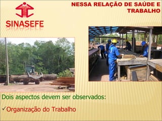 Dois aspectos devem ser observados: Organização do Trabalho Condições de Trabalho NESSA RELAÇÃO DE SAÚDE E TRABALHO 
