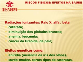 Radiações ionizantes: Raio X, alfa , beta catarata;  diminuição dos glóbulos brancos;  anemia, leucemia; câncer da tireóide, de pele; Efeitos genéticos como:  aníridia (ausência da íris dos olhos),  surdo-mudez, c ertos tipos de cataratas .  RISCOS FÍSICOS: EFEITOS NA SAÚDE 
