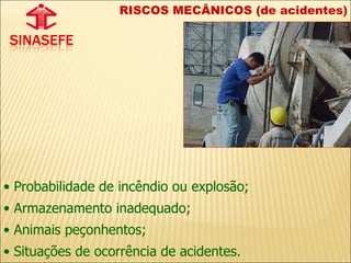 Probabilidade de incêndio ou explosão; Armazenamento inadequado; Animais peçonhentos; Situações de ocorrência de acidentes. RISCOS MECÂNICOS (de acidentes) 