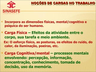 Incorpora as dimensões físicas, mental/cognitiva e psíquica do ser humano. Carga Física  – Efeitos da atividade entre o corpo, sua tarefa e meio ambiente.  Ex: O esforço físico, as posturas, os efeitos do ruído, do calor, da iluminação, poeiras, etc. Carga Cognitiva/mental  – processos mentais envolvendo: percepção, informação, concentração, conhecimento, tomada de decisão, uso da memória.  