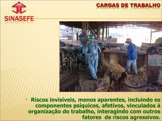 Riscos invisíveis, menos aparentes, incluindo os componentes psíquicos, afetivos, vinculados à organização do trabalho, interagindo com outros fatores  de riscos agressivos. 