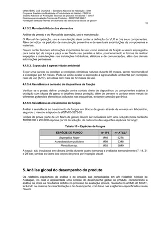 MINISTÉRIO DAS CIDADES – Secretaria Nacional de Habitação - SNH
Programa Brasileiro da Qualidade e Produtividade do Habitat - PBQP-H
Sistema Nacional de Avaliações Técnicas de produtos inovadores – SINAT
Diretrizes para Avaliação Técnica de Produtos – DIRETRIZ SINAT
<Vedações verticais internas em alvenaria não estrutural de blocos de gesso>
18
4.1.5.2.Manutenibilidade dos elementos
Análise de projeto e do Manual de operação, uso e manutenção.
O Manual de operação, uso e manutenção deve conter a definição da VUP e dos seus componentes.
Além de indicar os períodos de manutenção preventiva e de eventuais substituições de componentes e
materiais.
Devem conter também informações importantes de uso, como sistemas de fixação a serem empregados
para cada tipo de carga e peça a ser fixada nas paredes e tetos, posicionamento e formas de realizar
inspeções e manutenções nas instalações hidráulicas, elétricas e de comunicações, além das demais
informações pertinentes.
4.1.5.3. Exposição à agressividade ambiental
Expor uma parede ou protótipo a condições climáticas naturais durante 06 meses, sendo recomendável
a exposição por 12 meses. Pode-se ainda avaliar a exposição à agressividade ambiental por condições
reais de uso (APO), em obras com mais de 12 meses de uso.
4.1.5.4.Resistência à corrosão de dispositivos de fixação
Verificar se o projeto define: proteção contra contato direto de dispositivos ou componentes sujeitos à
oxidação com blocos de gesso e detalhes dessa proteção, além de prevenir o contato entre metais de
diferentes potenciais eletrolíticos utilizados nas esquadrias, evitando corrosão galvânica.
4.1.5.5.Resistência ao crescimento de fungos
Avaliar a resistência ao crescimento de fungos em blocos de gesso através de ensaios em laboratório,
segundo o método adaptado da ASTM D-3273-05.
Corpos de prova (parte de um bloco de gesso) devem ser inoculados com uma solução mista contendo
10.000.000 ± 200.000 esporos por ml de solução, de cada uma das seguintes espécies de fungo:
Tabela 10 – Espécies de fungos
ESPÉCIE DE FUNGO N IPT N ATCC1
Aspergillus Níger M46 6275
Aureobasidium pullulans M50 9348
Penicillium sp. M55 9849
A seguir, são incubados em câmara úmida durante quatro semanas e avaliados semanalmente (7, 14, 21
e 28 dias) ambas as faces dos corpos-de-prova por inspeção visual.
5. Análise global do desempenho do produto
Os relatórios específicos de análise e de ensaios são consolidados em um Relatório Técnico de
Avaliação, no qual é apresentada uma síntese do desempenho global do produto, considerando a
análise de todos os resultados obtidos no processo de avaliação técnica, realizado no âmbito do SINAT,
incluindo os ensaios de caracterização e de desempenho, com base nas exigências especificadas nessa
Diretriz.
 