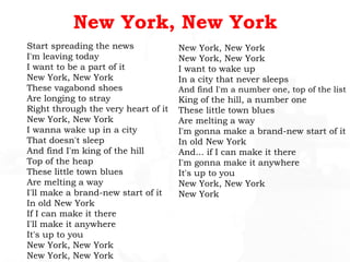 New York, New York Start spreading the news I'm leaving today I want to be a part of it New York, New York These vagabond shoes Are longing to stray Right through the very heart of it New York, New York I wanna wake up in a city That doesn't sleep And find I'm king of the hill Top of the heap These little town blues Are melting a way I'll make a brand-new start of it In old New York If I can make it there I'll make it anywhere It's up to you New York, New York New York, New York New York, New York New York, New York I want to wake up In a city that never sleeps And find I'm a number one, top of the list King of the hill, a number one These little town blues Are melting a way I'm gonna make a brand-new start of it In old New York And... if I can make it there I'm gonna make it anywhere It's up to you New York, New York New York 