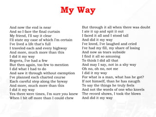 My Way And now the end is near And so I face the final curtain My friend, I'll say it clear I'll state my case of which I'm certain I've lived a life that's full I traveled each and every highway And more, much more than this I did it my way Regrets, I've had a few But then again, too few to mention I did what I had to do And saw it through without exemption I've planned each charted course Each careful step along the byway And more, much more than this I did it my way Yes there were times, I'm sure you knew When I bit off more than I could chew But through it all when there was doubt I ate it up and spit it out I faced it all and I stood tall And did it my way I've loved, I've laughed and cried I've had my fill, my share of losing And now as tears subside I find it all so amusing To think I did all that And may I say, not in a shy way Oh no, oh no, not me I did it my way For what is a man, what has he got? If not himself, than he has naugth To say the things he truly feels And not the words of one who kneels The record shows, I took the blows And did it my way 