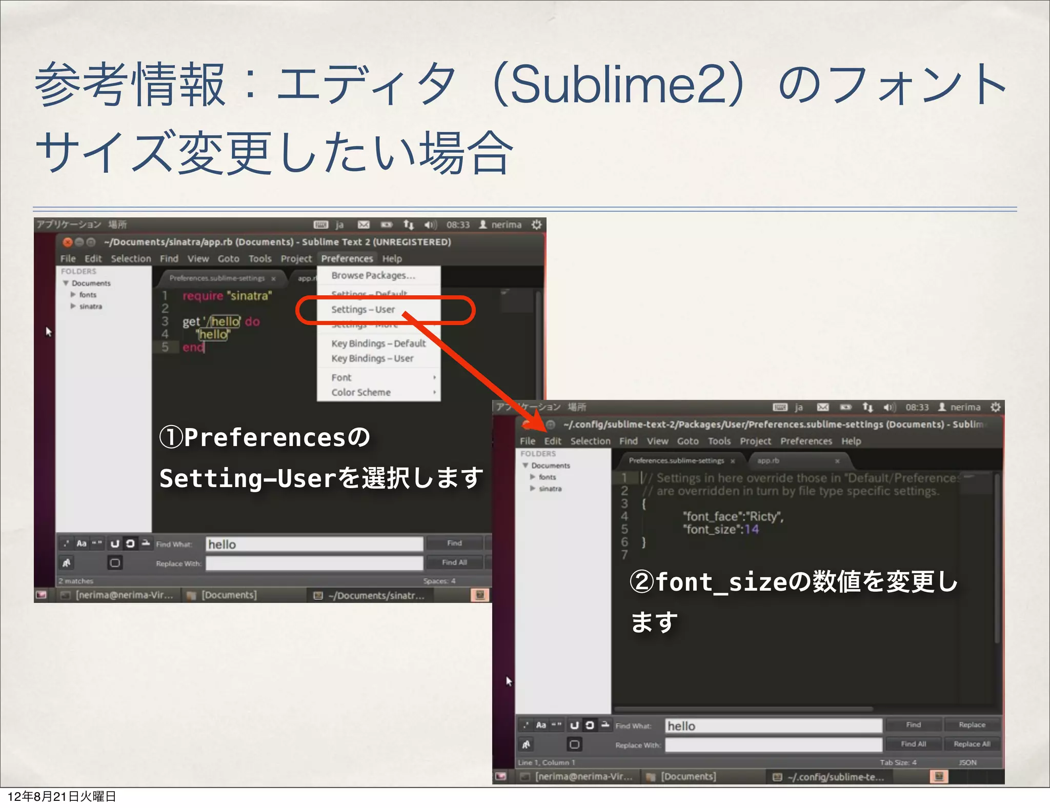 参考情報：エディタ（Sublime2）のフォント
  サイズ変更したい場合




              ①Preferencesの
              Setting-Userを選択します



                                   ②font_sizeの数値を変更し
                                   ます




12年8月21日火曜日
 