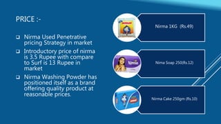 PRICE :-
 Nirma Used Penetrative
pricing Strategy in market
 Introductory price of nirma
is 3.5 Rupee with compare
to Surf is 13 Rupee in
market
 Nirma Washing Powder has
positioned itself as a brand
offering quality product at
reasonable prices.
Nirma 1KG (Rs.49)
Nima Soap 250(Rs.12)
Nirma Cake 250gm (Rs.10)
 