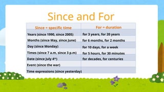Since and For
Since = specific time For = duration
Years (since 1990, since 2005)
Months (since May, since June)
Day (since Monday)
Times (since 7 a.m, since 3 p.m)
Date (since July 4th
)
Event (since the war)
Time expressions (since yesterday)
for 3 years, for 20 years
for 6 months, for 2 months
for 10 days, for a week
for 5 hours, for 30 minutes
for decades, for centuries
 