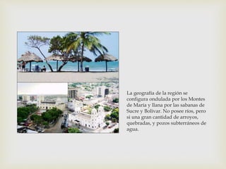 La geografía de la región se
configura ondulada por los Montes
de María y llana por las sabanas de
Sucre y Bolívar. No posee ríos, pero
si una gran cantidad de arroyos,
quebradas, y pozos subterráneos de
agua.
 