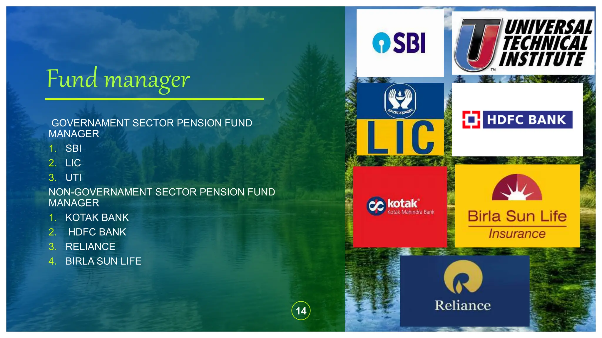 Fund manager
14
GOVERNAMENT SECTOR PENSION FUND
MANAGER
1. SBI
2. LIC
3. UTI
NON-GOVERNAMENT SECTOR PENSION FUND
MANAGER
1. KOTAK BANK
2. HDFC BANK
3. RELIANCE
4. BIRLA SUN LIFE
 