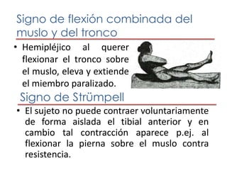 Signo de flexión combinada del muslo y del troncoHemipléjico al querer flexionar el tronco sobre el muslo, eleva y extiende el miembro paralizado.Signo de StrümpellEl sujeto no puede contraer voluntariamente de forma aislada el tibial anterior y en cambio tal contracción aparece p.ej. al flexionar la pierna sobre el muslo contra resistencia.Signo de NeriHemipléjico de pie, al flexionar troco sobre la pelvis, el miembro paralizado se flexiona a nivel de la rodilla.Signo de HooverEn decúbito dorsal, el médico coloca las yemas de los dedos debajo del talón del lado sano, al pedir que levante el lado hemipléjico, el talón del lado sano presiona sobre los dedos. Signo de CacciapuotiSe le pide al paciente que levante el miembro sano, se lo toma por el talón y se le pide que lo lleve con fuerza hacia abajo, observando que miembro paralizado se eleva.Signo del pulgar o de KlippelCuando el hemipléjico extiende los dedos de la mano o el médico lo hace pasivamente, el dedo pulgar se flexiona. Signo de RaimisteEn decúbito dorsal, la oposición para la abducción  del miembro sano produce la abducción del miembro paralizado; al ordenar al paciente la aducción del miembro sano, el miembro paralizado realiza el movimiento de aducción.Signo de SouquesAl levantar todo lo posible el brazo hemiparético, los dedos de la mano se colocan en extensión y se separan. Signo de Magnus y Klein Al girar la cabeza hacia el lado contrario a la hemiplejía, el brazo parético se flexiona y prona su mano, y el brazo sano se hiperextiende y supina.Signo de SterlingEs idéntico al de Raimiste pero realizado en los miembros superiores.Signo de Grasset y GaussetEl enfermo no puede levantar simultáneamente los miembros inferiores aunque puede hacerlo aisladamente. Signo del bostezoSigno de la tos de Huntington 