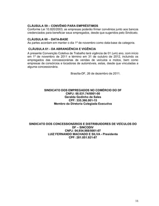 CLÁUSULA 59 – CONVÊNIO PARA EMPRÉSTIMOS
Conforme Lei 10.820/2003, as empresas poderão firmar convênios junto aos bancos
credenciados para beneficiar seus empregados, desde que sugeridos pelo Sindicato.

CLÁUSULA 60 – DATA-BASE
As partes acordam em manter o dia 1º de novembro como data-base da categoria.

CLÁUSULA 61 - DA ABRANGÊNCIA E VIGÊNCIA
A presente Convenção Coletiva de Trabalho terá vigência de 01 (um) ano, com início
em 1º de novembro de 2011 e término em 31 de outubro de 2012, incluindo os
empregados das concessionárias de vendas de veículos e motos, bem como
empresas de consórcios e locadoras de automóveis, estas, desde que vinculadas a
alguma concessionária.

                               Brasília-DF, 26 de dezembro de 2011.




            SINDICATO DOS EMPREGADOS NO COMÉRCIO DO DF
                        CNPJ: 00.031.74/0001-00
                        Geralda Godinho de Sales
                          CPF: 335.366.001-15
                  Membro da Diretoria Colegiada Executiva




 SINDICATO DOS CONCESSIONÁRIOS E DISTRIBUIDORES DE VEÍCULOS DO
                          DF – SINCODIV
                      CNPJ: 04.854.988/0001-07
            LUIZ FERNANDO MACHADO E SILVA - Presidente
                        CPF: 281.051.921-87




                                                                                16
 
