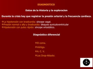 DIAGNOSTICO  Durante la crisis hay que registrar la presión arterial y la frecuencia cardíaca. La hipotensión con bradicardia:  síncope vagal.  Presión normal o alta y bradicardia:  bloqueo auriculoventricular  Hipotensión con pulso rápido:  síncope ortostático.  Datos de la Historia y la exploracion   Diagnóstico diferencial El coma. Vértigo. A. C. V. Los Drop-Attacks  