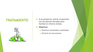 TRATAMIENTO  Si se presencia: estirar al paciente
con las piernas elevadas para
facilitar el retorno venoso.
 Objetivos:
❑ Disminuir mortalidad y morbilidad
❑ Prevenir las recurrencias
 