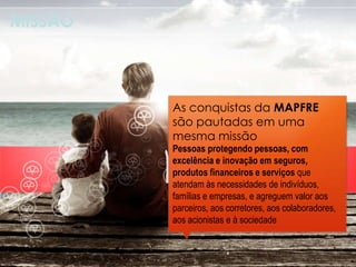 Pessoas protegendo pessoas, com
excelência e inovação em seguros,
produtos financeiros e serviços que
atendam às necessidades de indivíduos,
famílias e empresas, e agreguem valor aos
parceiros, aos corretores, aos colaboradores,
aos acionistas e à sociedade
As conquistas da MAPFRE
são pautadas em uma
mesma missão
MISSÃO
 