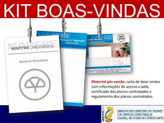 Material pós venda: carta de boas vindas
com informações de acesso a web,
certificado dos planos contratados e
regulamento dos planos contratados.
MAPFRE PREVIDÊNCIA – Kit Boas Vindas
KIT BOAS-VINDAS
 