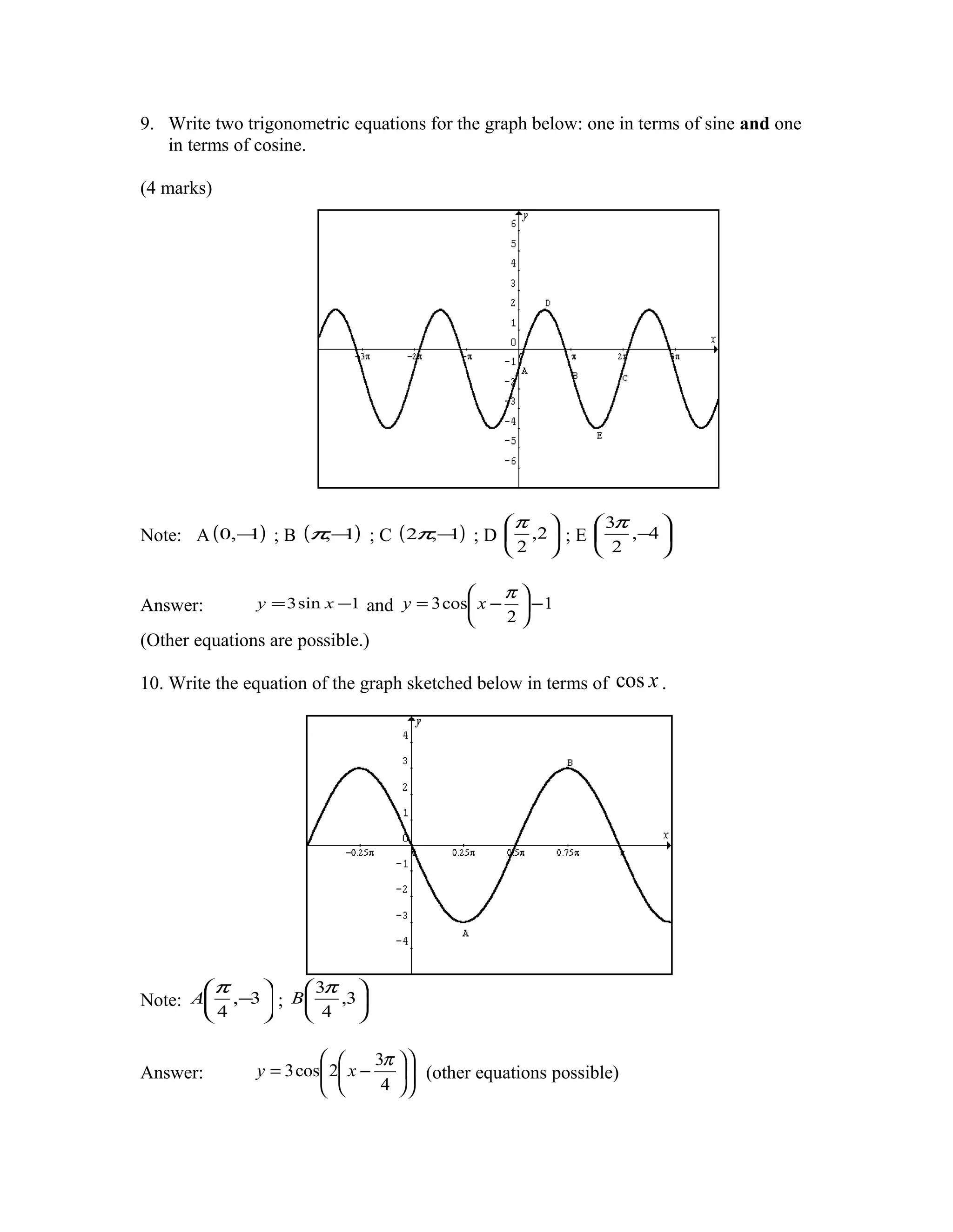9. Write two trigonometric equations for the graph below: one in terms of sine and one
   in terms of cosine.

(4 marks)




                                                     π          3π     
Note: A (0,− ) ; B (π,− ) ; C ( 2π,− ) ; D 
            1          1            1                   ,2  ; E     ,−4 
                                                      2          2     

                                                    π
Answer:         y = 3 sin x −1 and y = 3 cos x −      −1
                                                    2
(Other equations are possible.)

10. Write the equation of the graph sketched below in terms of      cos x .




          π          3π 
Note: A     ,−3  ; B   ,3 
          4          4 

                                3π   
Answer:         y = 3 cos 2 x −
                                        (other equations possible)
                                         
                                 4   
 