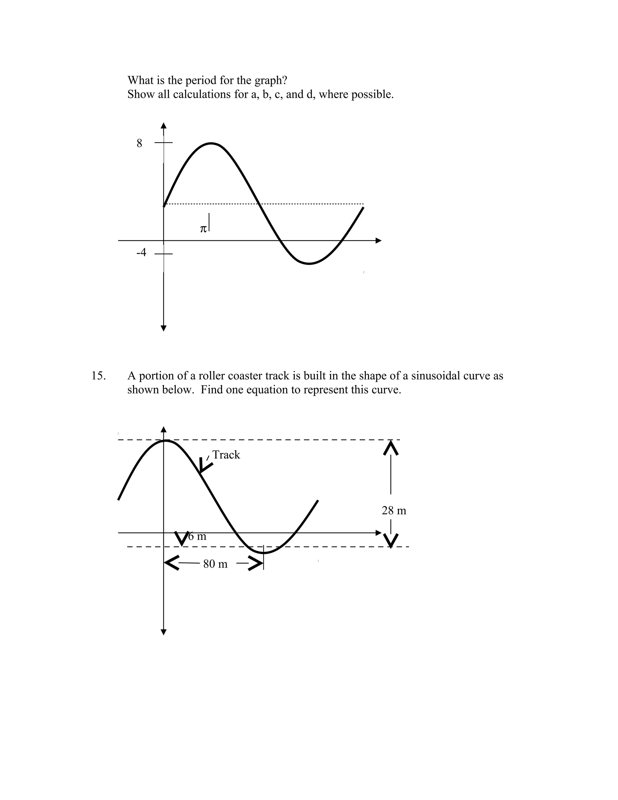 What is the period for the graph?
      Show all calculations for a, b, c, and d, where possible.



       8




                     π
       -4




15.   A portion of a roller coaster track is built in the shape of a sinusoidal curve as
      shown below. Find one equation to represent this curve.




                         Track



                                                             28 m

                   6m

                      80 m
 