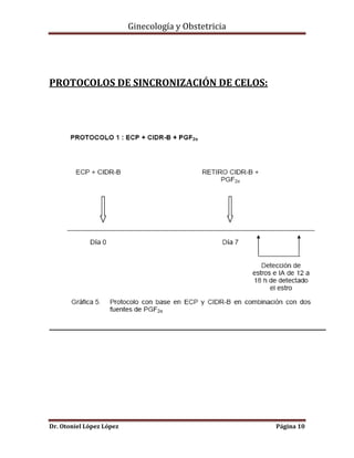 Ginecología y Obstetricia

PROTOCOLOS DE SINCRONIZACIÓN DE CELOS:

Dr. Otoniel López López

Página 10

 