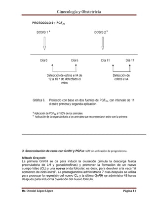 Ginecología y Obstetricia

3. Sincronización de celos con GnRH y PGF2α: IATF sin utilización de progesterona.
Método Ovsynch:

La primera GnRH se da para inducir la ovulación (simula la descarga fasica
preovulatoria de LH y gonadotrofinas) y promover la formación de un nuevo
cuerpo lúteo (CL) y una nueva onda folicular; es decir, para devolver a la vaca “al
comienzo de ciclo estral”. La prostaglandina administrada 7 días después se utiliza
para provocar la regresión del nuevo CL y la última GnRH se administra 48 horas
después para inducir la ovulación del nuevo folículo.

Dr. Otoniel López López

Página 11

 