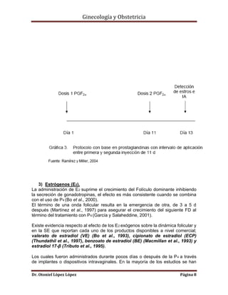 Ginecología y Obstetricia

3) Estrógenos (E2).
La administración de E2 suprime el crecimiento del Folículo dominante inhibiendo
la secreción de gonadotropinas, el efecto es más consistente cuando se combina
con el uso de P4 (Bo et al., 2000).
El término de una onda folicular resulta en la emergencia de otra, de 3 a 5 d
después (Martínez et al., 1997) para asegurar el crecimiento del siguiente FD al
término del tratamiento con P4 (García y Salaheddine, 2001).
Existe evidencia respecto al efecto de los E2 exógenos sobre la dinámica folicular y
en la SE que reportan cada uno de los productos disponibles a nivel comercial;
valerato de estradiol (VE) (Bo et al., 1993), cipionato de estradiol (ECP)
(Thundathil et al., 1997), benzoato de estradiol (BE) (Macmillan et al., 1993) y
estradiol 17-β (Tributo et al., 1995).
Los cuales fueron administrados durante pocos días o después de la P 4 a través
de implantes o dispositivos intravaginales. En la mayoría de los estudios se han
Dr. Otoniel López López

Página 8

 