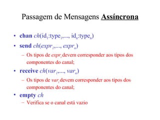 Passagem de Mensagens  Assíncrona chan   ch (id 1 :type 1 ,..., id n :type n ) send  ch ( expr 1 ,...,  expr n ) Os tipos de  expr i   devem corresponder aos tipos dos componentes do canal; receive  ch ( var 1 ,...,  var n ) Os tipos de  var i   devem corresponder aos tipos dos componentes do canal; empty  ch Verifica se o canal está vazio 