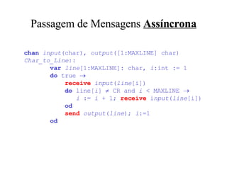 Passagem de Mensagens  Assíncrona chan   input (char),  output ([1:MAXLINE] char) Char_to_Line ::   var   line [1:MAXLINE]: char,  i :int := 1   do  true       receive   input ( line [i])   do  line[ i ]    CR and  i  < MAXLINE     i  :=  i  + 1;  receive  i nput ( line [i])   od   send   output ( line );  i :=1   od 