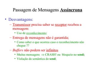 Passagem de Mensagens  Assíncrona Desvantagens: Transmissor  precisa saber se  receptor  recebeu a mensagem: Uso de  reconhecimento ; Entrega de mensagens não é garantida; Como saber o que ocorreu caso o reconhecimento não chegue ?? Buffers  não podem ser  infinitos Muitas mensagens    CRASH! ou  bloqueio no  send; Violação da semântica do  send ; 