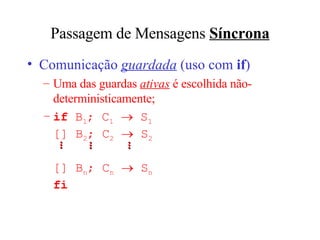 Passagem de Mensagens  Síncrona Comunica ção  guardada  (u so com  if ) Uma das guardas  ativas  é escolhida não-deterministicamente ; if   B 1 ; C 1     S 1 []  B 2 ; C 2     S 2    []  B n ; C n     S n fi ... ... ... 