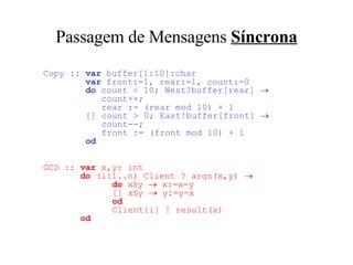 Passagem de Mensagens  Síncrona Copy   ::  var  buffer[1:10]:char   var  front:=1, rear:=1, count:=0   do  count < 10; West?buffer[rear]     count++;    rear := (rear mod 10) + 1   [] count > 0; East ! buffer[front]     count--;   front := (front mod 10) + 1   od GCD ::  var  x,y: int   do  (i:1..n) Client ? args(x,y)       do  x  y    x:=x-y    [] x  y    y:=y-x   od   Client[i] ! result(x)   od 