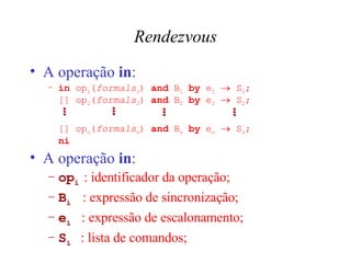 Rendezvous A operação  in : in  op 1 ( formals 1 )  and  B 1   by  e 1     S 1 ; [] op 2 ( formals 2 )  and  B 2   by  e 2     S 2 ;  [] op n ( formals n )  and  B n   by  e n     S n ; ni A operação  in : op i  : identificador da operação; B i   : expressão de sincronização; e i  : expressão de escalonamento; S i   : lista de comandos; ... ... ... ... 