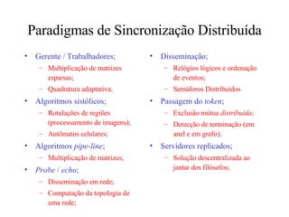Paradigmas de Sincronização Distribuída Gerente / Trabalhadores; Multiplicação de matrizes esparsas; Quadratura adaptativa; Algoritmos sistólicos; Rotulações de regiões (processamento de imagens); Autômatos celulares; Algoritmos  pipe-line ; Multiplicação de matrizes; Probe  /  echo ; Disseminação em rede; Computação da topologia de uma rede; Disseminação; Relógios lógicos e ordenação de eventos; Semáforos Distribuídos Passagem do  token ; Exclusão mútua  distribuída ; Detecção de terminação (em anel e em grafo); Servidores replicados; Solução descentralizada ao jantar dos filósofos; 