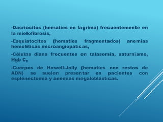 -Dacriocitos (hematíes en lagrima) frecuentemente en
la mielofibrosis,
-Esquistocitos (hematíes fragmentados) anemias
hemolíticas microangiopaticas,
-Células diana frecuentes en talasemia, saturnismo,
Hgb C,
-Cuerpos de Howell-Jolly (hematíes con restos de
ADN) se suelen presentar en pacientes con
esplenectomía y anemias megaloblásticas.
 